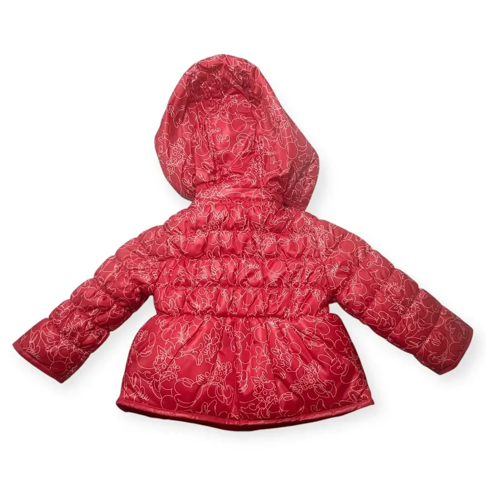 Disney Minnie Mouse Pink Puffer Jacket Toddler Girl Hooded Fleece Lined Coat 2T